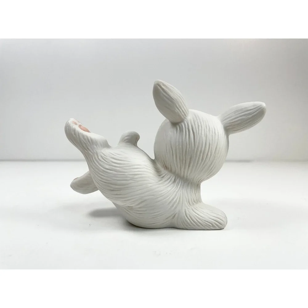 Vintage Homco Playful‎ white Baby Bunnies smiling pink ears set of 2 twee